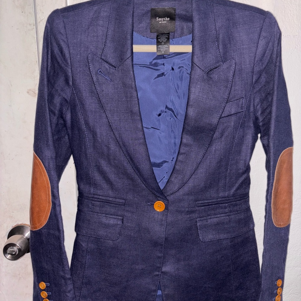 Smythe Linen Peaked Lapel Elbow Patch One Button Blazer